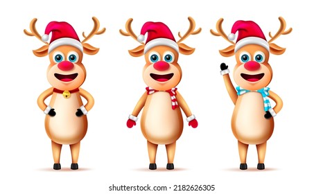 Reindeer christmas character set. Reindeers christmas characters in standing and waving pose and gestures with friendly deer facial expression for xmas collection design. Vector illustration.
