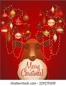 Reindeer with christmas decorated horns. Greeting card \ poster \ banner. Vector illustration.