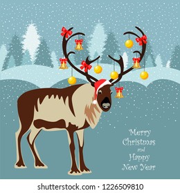 reindeer with Christmas decorations on the horns