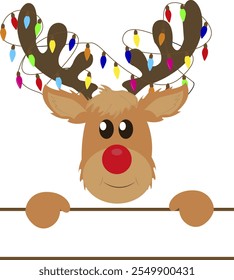 Reindeer with a Christmas garland. Reindeer face. Cartoon reindeer. Symbol a festive Christmas fairy tale. A cheerful and friendly character. Winter magic.