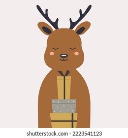 Reindeer christmas gift box with red ribbon