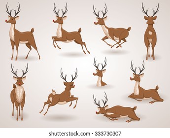 Reindeer Christmas Icon Set. Moving Deer Collection. Holiday Vector Illustration