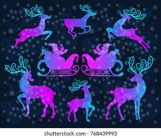 Reindeer Christmas icon set. Moving deer collection. Holiday vector illustration