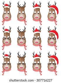 Reindeer Christmas icons set. Cartoon deer collection. Set of cute Christmas deer character. Holiday vector illustration