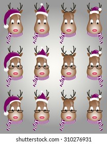 Reindeer Christmas icons set. Cartoon deer collection. Set of cute Christmas deer character. Holiday vector illustration