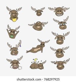 Reindeer Christmas icons set. Deer emoji stickers. hand drawn vector illustration