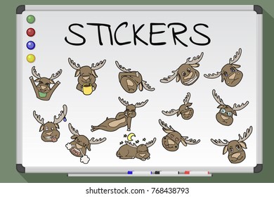 Reindeer Christmas icons set. Deer emoji stickers. hand drawn vector illustration