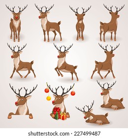 Reindeer Christmas Icons Set. Moving Deer Collection. Holiday Vector Illustration