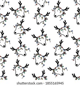 Reindeer with Christmas light seamless pattern on white background for gift wrapping, wallpaper, fashion print etc.