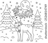 Reindeer with Christmas Lights Hanging From Its Antlers Outline Coloring Page. Christmas and Winter Illustration 