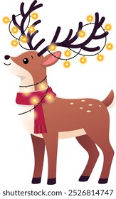 Reindeer with Christmas Lights Hanging From Its Antlers Clip Art. Christmas and Winter Illustration 