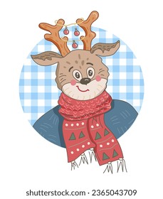 Reindeer with christmas ornaments, scarf and sweater on white background. Vector illustration.