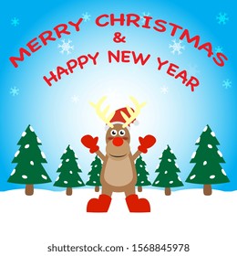 Reindeer in Christmas red hat and glove stand on white snow on the ground. Snow fall in winter . EPS10 and vector.