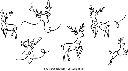 Reindeer Christmas single line swirl ink illustration, vector deer festive holiday decorative element set