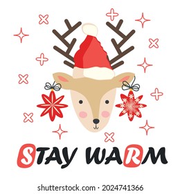 Reindeer with Christmas stars on its horns and a santa claus hat. Christmas card with a deer and letters. Cute winter poster, Christmas card, banner, sticker, gift tag