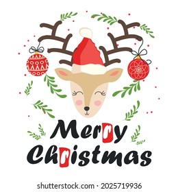Reindeer with Christmas stars on its horns and a santa claus hat. Christmas card with a deer and letters. Cute winter poster, Christmas card