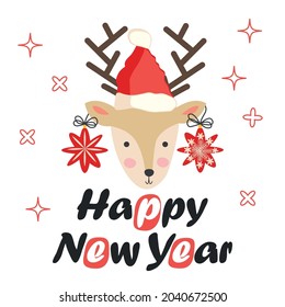 Reindeer with Christmas stars on its horns and a santa claus hat. Christmas card with a deer and letters. Cute winter poster, Christmas card, banner, sticker, gift tag