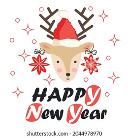 Reindeer with Christmas stars on its horns and a santa claus hat. Christmas card with a deer and letters. Cute winter poster, Christmas card, banner, sticker, gift tag