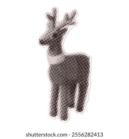 Reindeer - Christmas torn out paper sticker in naive halftone collage style. Vector vintage clay toy.