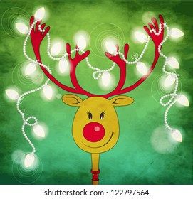 Reindeer with Christmas Tree Baubles tied to his antlers - cartoon style illustration