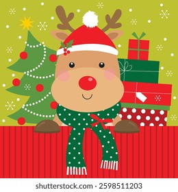 reindeer with christmas tree and christmas gifts design