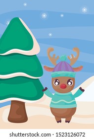 reindeer with christmas tree on winter landscape vector illustration design
