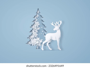 
Reno con árbol de navidad y nieve en el interior, la temporada invernal y la navidad. Ilustración vectorial en el estilo del arte del papel.