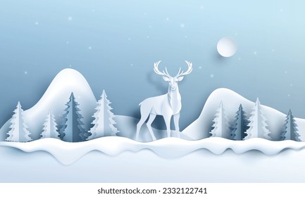 Reno con árbol de navidad y nieve, la temporada invernal y la navidad. Ilustración vectorial en el estilo del arte del papel.