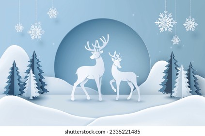 Reno con árbol de navidad y nieve, la temporada invernal y la navidad. Ilustración vectorial en el estilo del arte del papel.