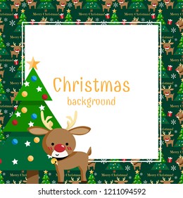 Reindeer and Christmas tree with white frame for your copy space on green background with reindeer, Christmas tree, gift box and Merry Christmas text. Cute winter holidays cartoon character. 