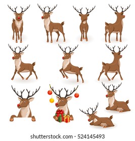 Reindeer Christmas vector illustration set. Moving deer collection. Animals back, in profile and full face. Rudolf lying, sleeping, galloping, jumping and flying, looks, gives gift. Holiday icons