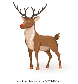 Reindeer Christmas vector illustration. Stand deer with red nose. Cartoon animal hold profile. Xmas holiday icons