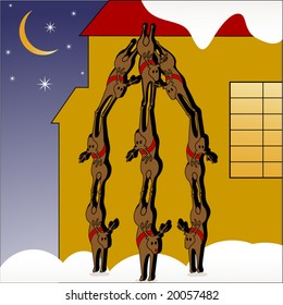 reindeer climbing up side of house - teamwork concept