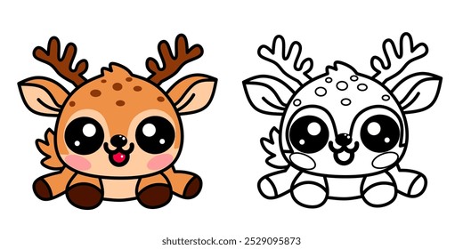 Reindeer coloring pages for kids. Animal outline illustration. Coloring page outline of cute reindeer. Kindergarten and preschool activity	