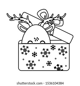 reindeer coming out gift box celebration merry christmas vector illustration thick line
