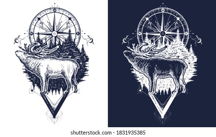 Reindeer and compass tattoo. Adventure, travel, outdoors, symbol. T-shirt design. Black and white vector graphics