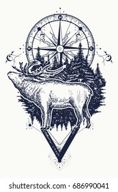 Reindeer and compass tattoo. Adventure, travel, outdoors, symbol 