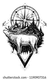 Reindeer and compass tattoo. Deer and compass ethnic tribal tattoo. Adventure, travel, outdoors, symbols 