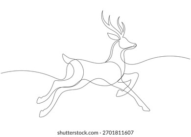 Reindeer Continuous One Line Art Drawing. Flying Deer Sketch for Christmas and Winter Design. Suitable for design template winter holiday banner and invitation cards, editable stroke
