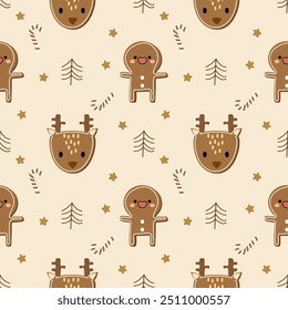 Reindeer cookies cartoon so cute. On ginger bread cookies tree candy cane star background. Merry Christmas.  Pattern seamless vector illustration. 
