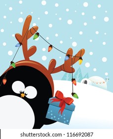 Reindeer Costumed Penguin With Gift