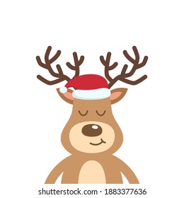 Reindeer cute cartoon close up with santa hat, isolated on white background. Vector Illustration.