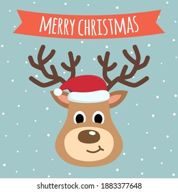 Reindeer cute cartoon close up with santa hat. Merry Christmas greeting card. Winter and holidays atmosphere. Vector Illustration.