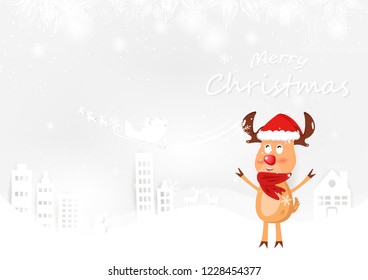 Reindeer, cute cartoon, Merry Christmas winter season postcard vector with paper art design