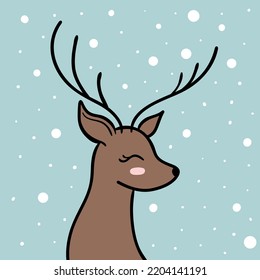 Reindeer Cute Childrens Winter Vector Illustration. Doodle Deer Kids Drawing