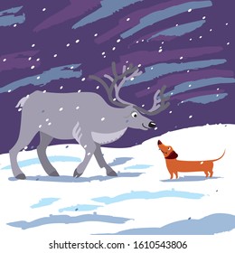 Reindeer and Dachshund dog, winter story