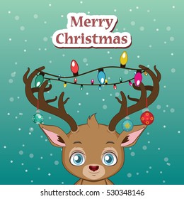 Reindeer with decorated antlers and festive text above him