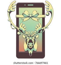 Reindeer decorated like a Christmas tree looking out the mobile phone in subdued colors - vector illustration