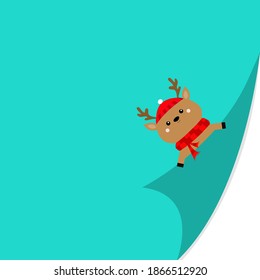 Reindeer, deer face holding fold page corners. Red Santa hat. Merry Christmas. Curled paper corner. Cute cartoon kawaii funny baby animal character. Xmas greeting card template. Blue background Vector