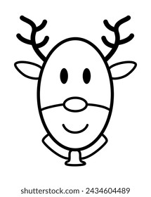 Reindeer - Deer Face with an Oval Shape in Cute Cartoon Style, Adorned with Two Elegant Horns and a Charming Smile, All Presented in Black Line Vector on White Background
